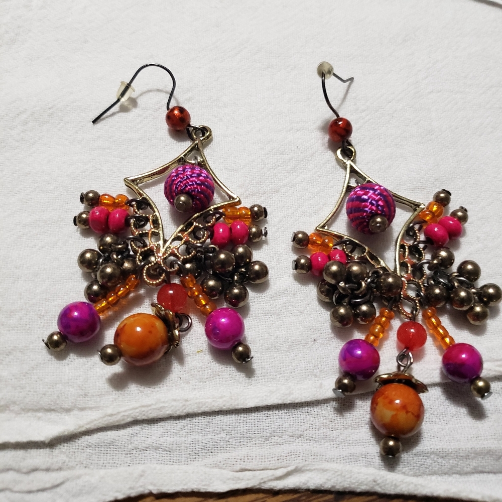Colorful brushed Goldtone dangles with glass beads Earrings